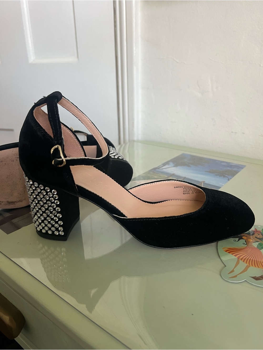 J. Crew Black Velvet Studded Block Heel Pumps with Ankle Strap